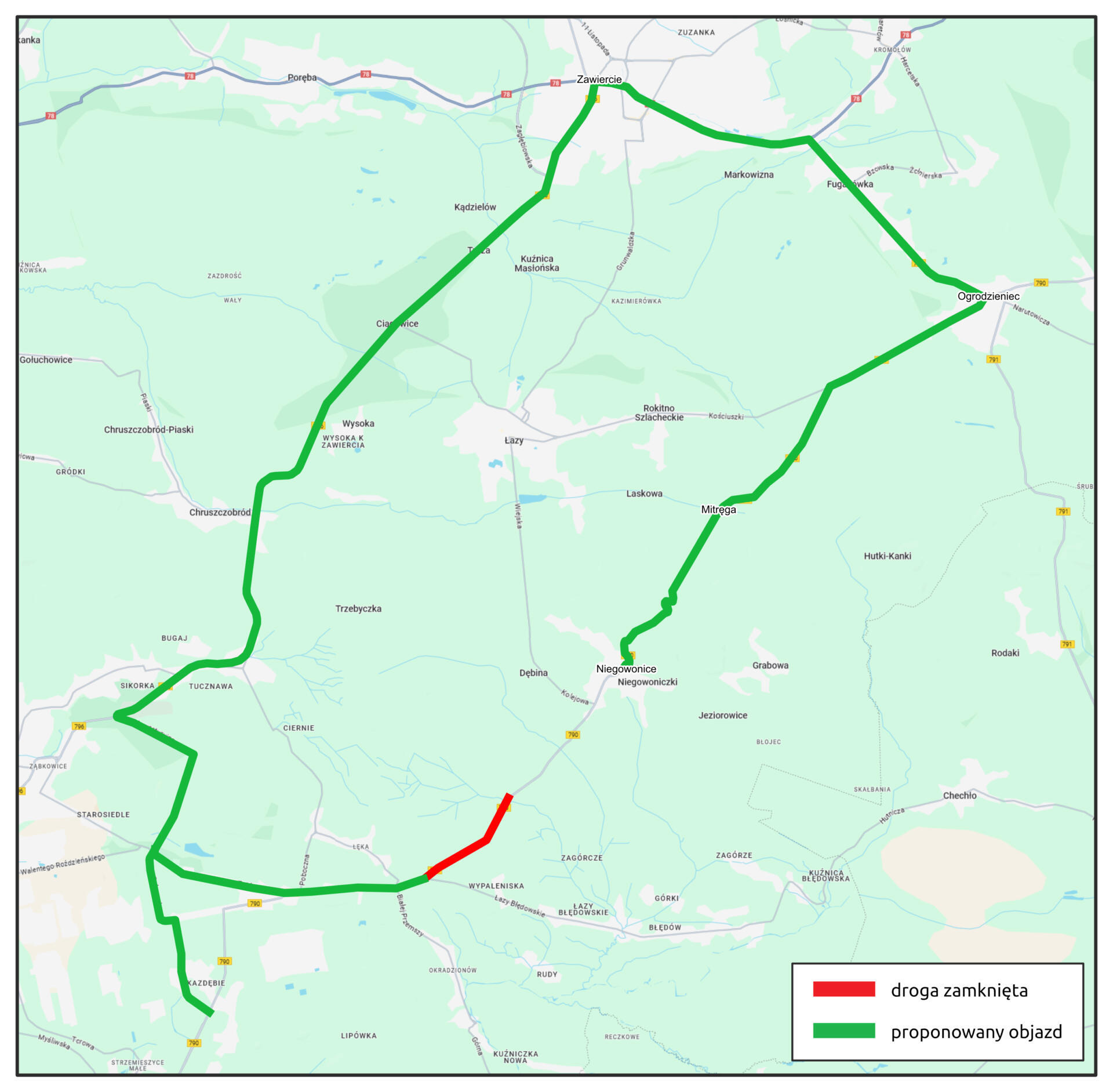 Dąbrowa Górnicza. Ulica Łaskowa (droga wojewódzka 790) zamknięta na czas remontu. Plan objazdu. Luty 2025.