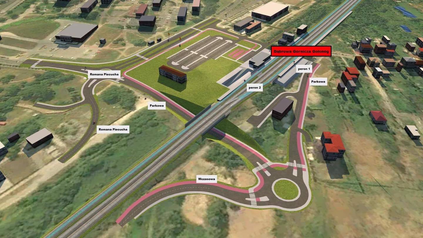 Dąbrowa Górnicza. Plan układu komunikacyjnego i centrum przesiadkowego przy stacji kolejowej w Gołonogu. Rok 2020.