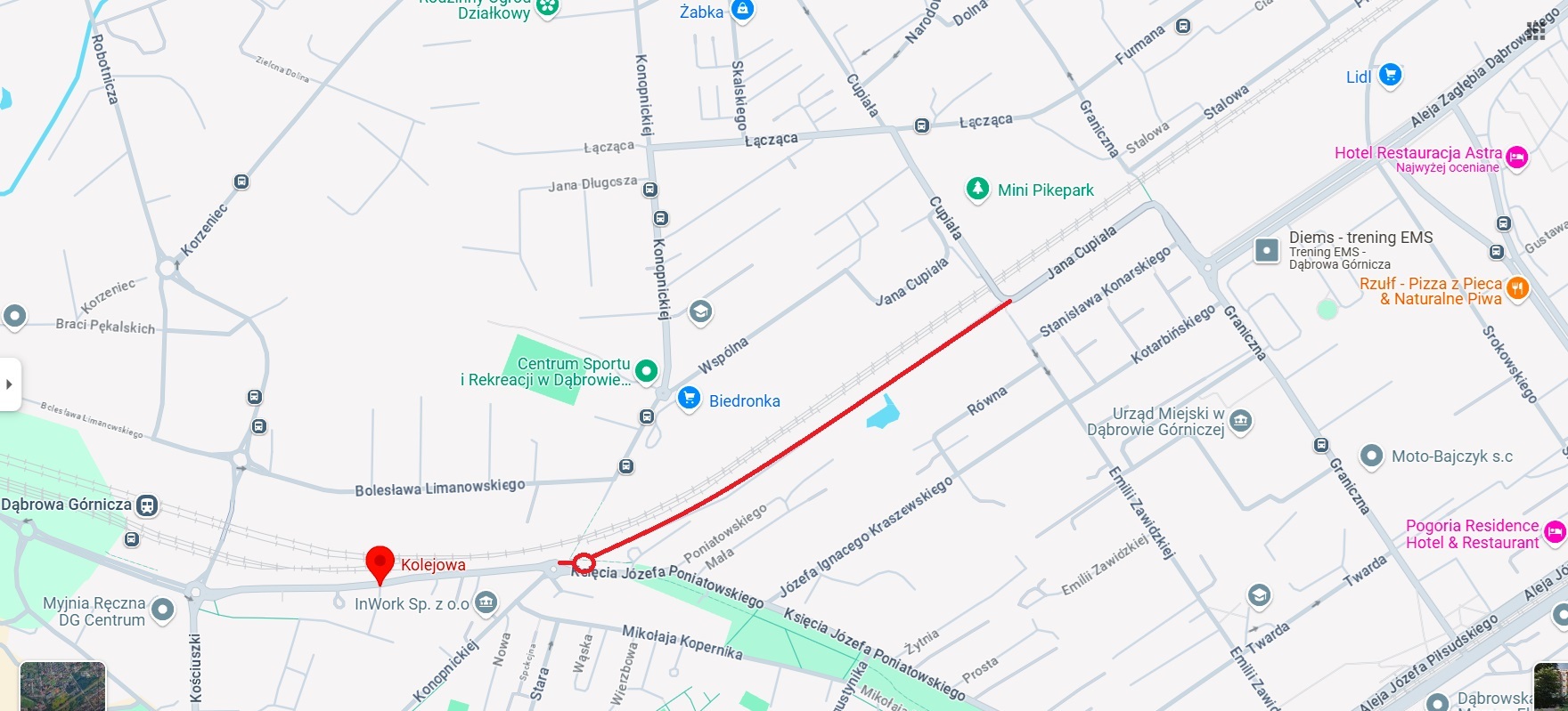 Dąbrowa Górnicza. Łącznik ulic: Kolejowej, Konopnickiej, Poniatowskiego i Cupiała – mapa.