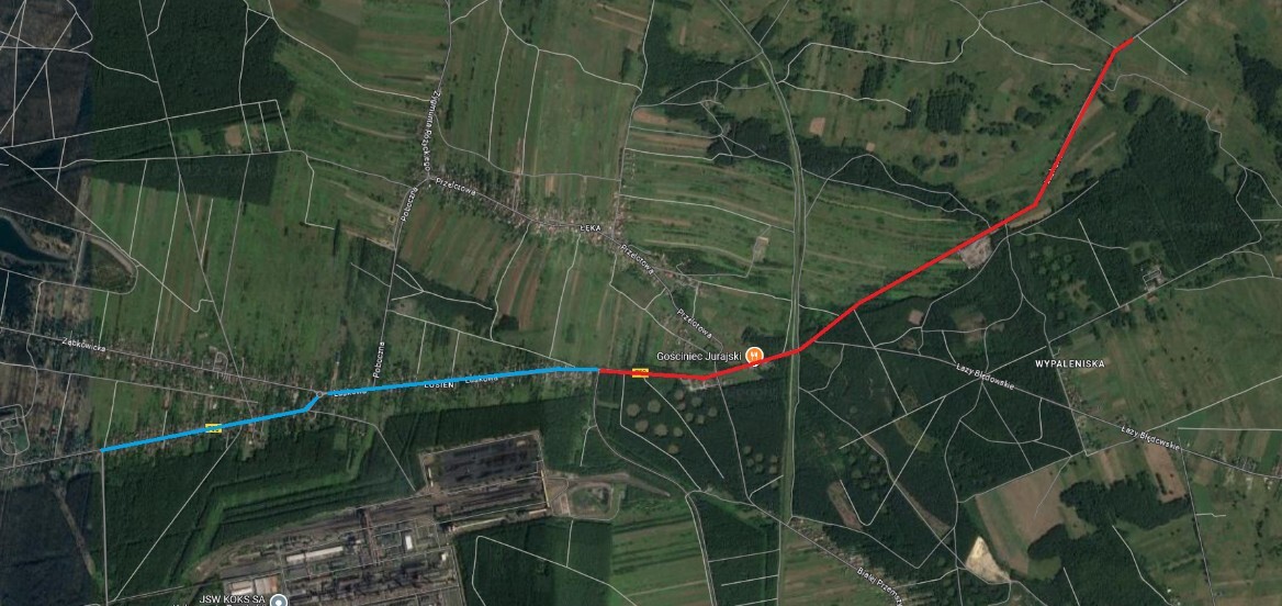 Dąbrowa Górnicza-Kazdębie. Droga wojewódzka 790 – mapa z zaznaczonym odcinkiem do remontu w 2025 roku. Kolorem czerwonym zaznaczono odcinek już remontowany, kolorem niebieskim zaznaczony jest odcinek, który do remontu trafi w tym roku.