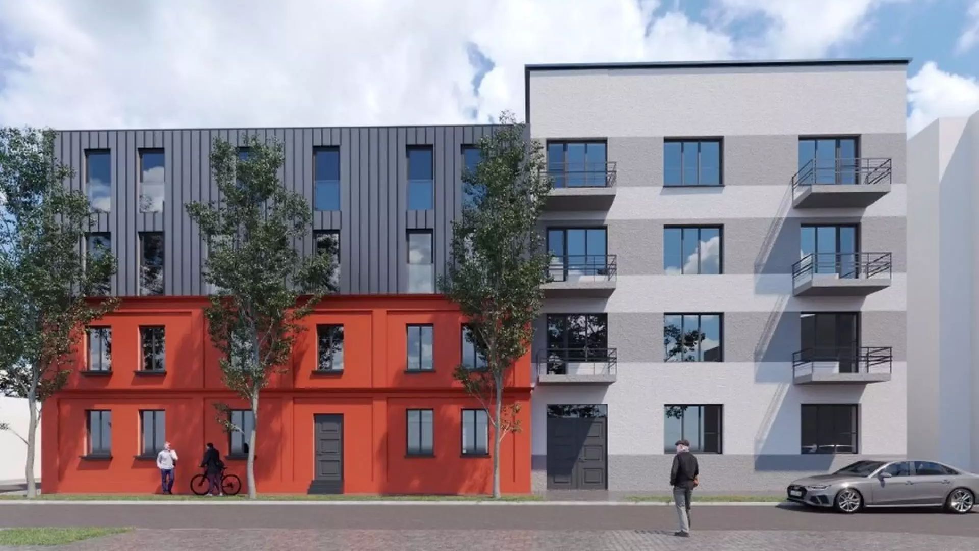 Sosnowiec-Pogoń. „3 Kamienice” – wizualizacja projektu u zbiegu ulic Grochowej i Marii Skłodowskiej-Curie. Elewacja zachodnia.