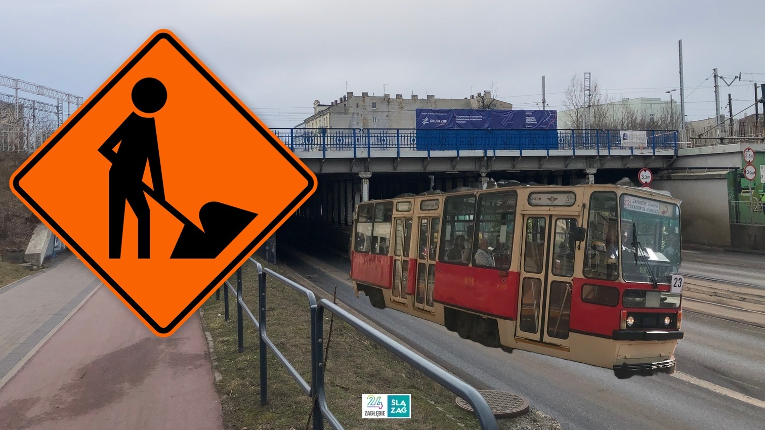 Sosnowiec. Wiadukt kolejowy nad ulicą marszałka Józefa Piłsudskiego. Tramwaj Konstal 105N. Ilustracja zapowiadająca remont.