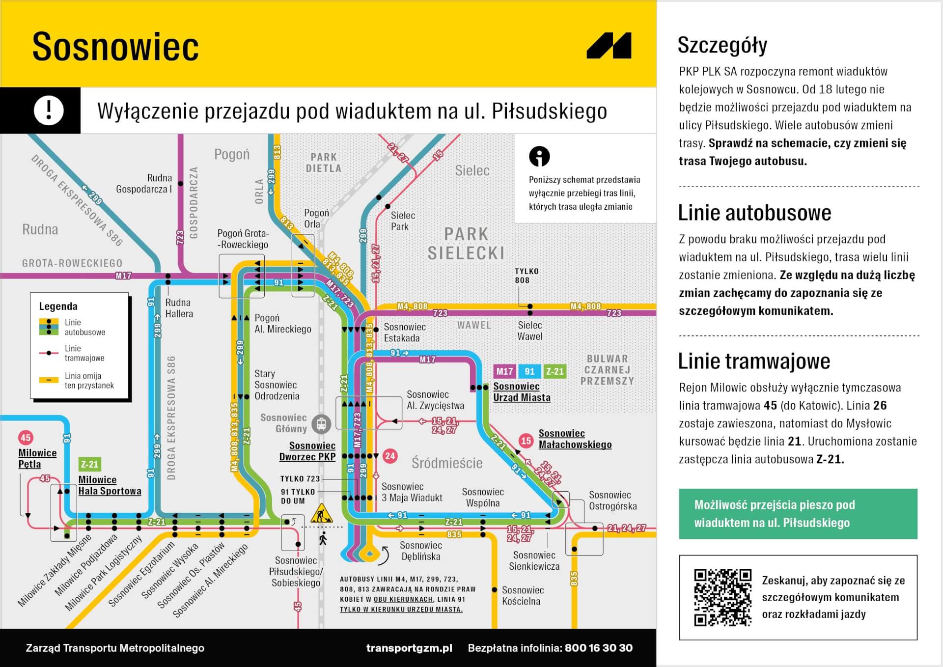 Schemat połączeń autobusowych i tramwajowych w związku z rozpoczęciem przebudowy wiaduktu nad ulicą Piłsudskiego w Sosnowcu. Zmiany od 14 lutego 2025.