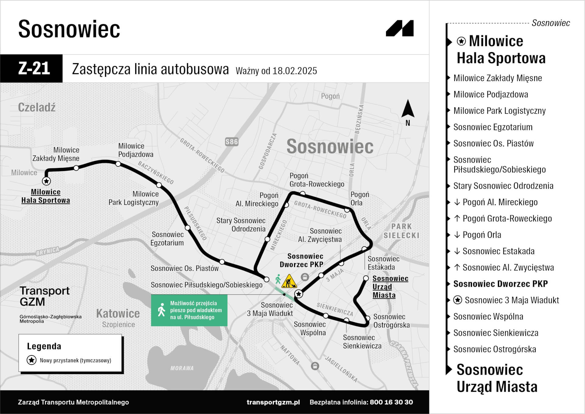 Schemat zastępczego połączenia autobusowego nr Z21 w związku z rozpoczęciem przebudowy wiaduktu nad ulicą Piłsudskiego w Sosnowcu. Zmiany od 18 lutego 2025.